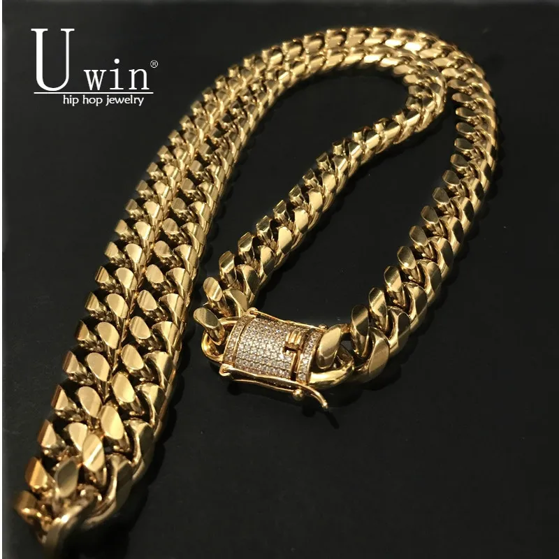 UWIN 14mm Mens Cuban Miami Link Necklace Stainless steel Rhinestone Clasp Iced Out Gold Silver Hip hop Chain Necklace 78cm