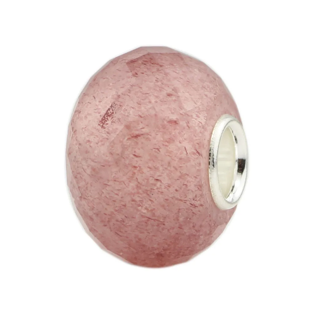 

925 Sterling Silve Faceted Natural Stone strawberry quartz Charm Bead Fit European Bracelet Jewelry