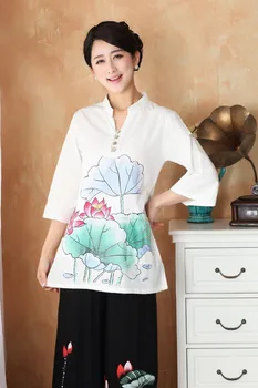 

Traditional Chinese Tops Women Linen Cotton Blouse Summer T-Shirt Size to 3XL