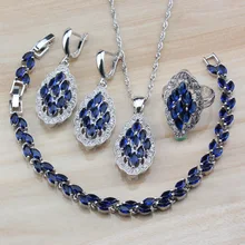 925 серебро с натуральными камнями CZ Синий 4 шт Ювелирные наборы для женщин костюм висячие серьги/ожерелье/браслет и кольцо наборы