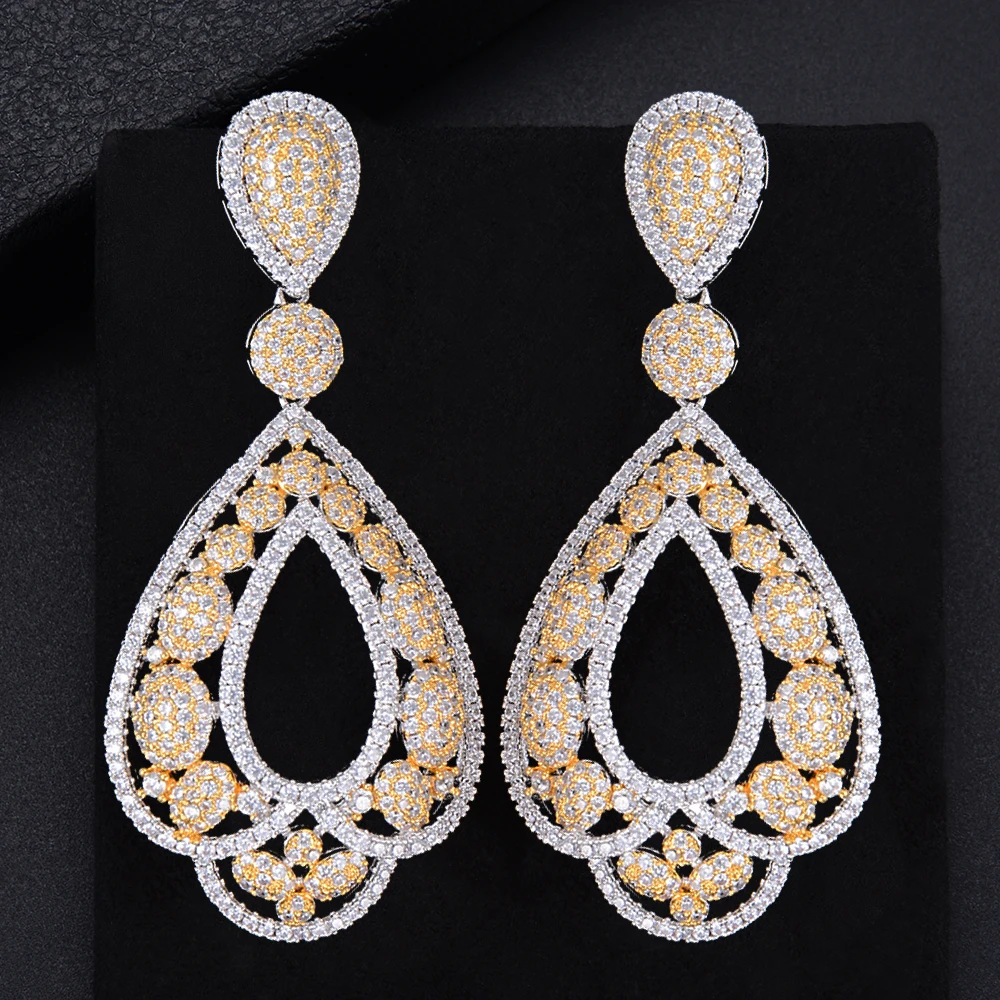 

Fashion Three Tones Geometry Hollow Pierced Cubic Zirconia Dangle Drop Earrings For Women Girls