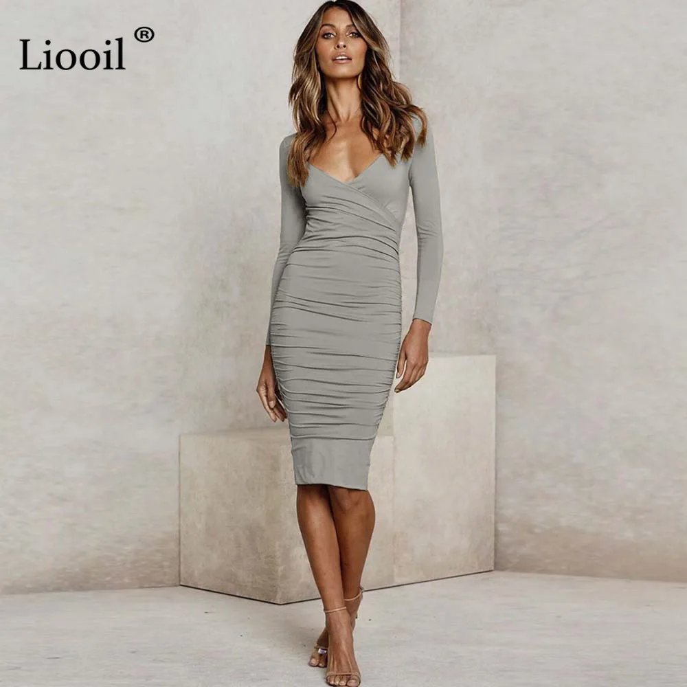 Liooil Fall Sexy V Neck White Midi Bodycon Dress Women Autumn Winter Stretchy Long Sleeve Club Party Tight Fitted Dresses