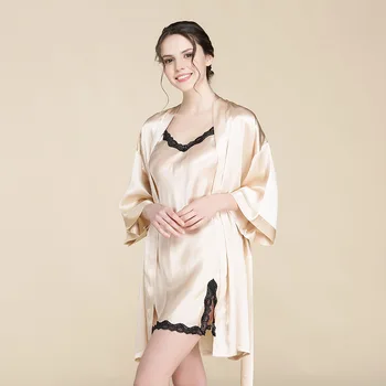 

CEARPION Summer New Women Robe Set 100% Silk Mini Kimono Bathrobe Gown Solid Lace Trim Nightdress Female Casaul Home Clothes