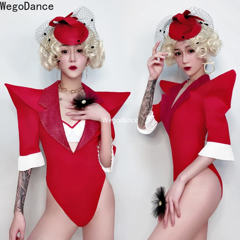 

Fashion Woman High Shoulder bar DS performance clothing new sexy Gogo lead dance nightclub female singer stage Costume Red