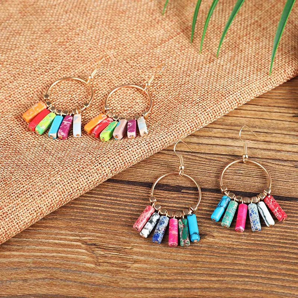 

2019 Women Earring Geometric Polygonal Natural Stone Pillar Pendant Earrings Ladies Jewelry Gift