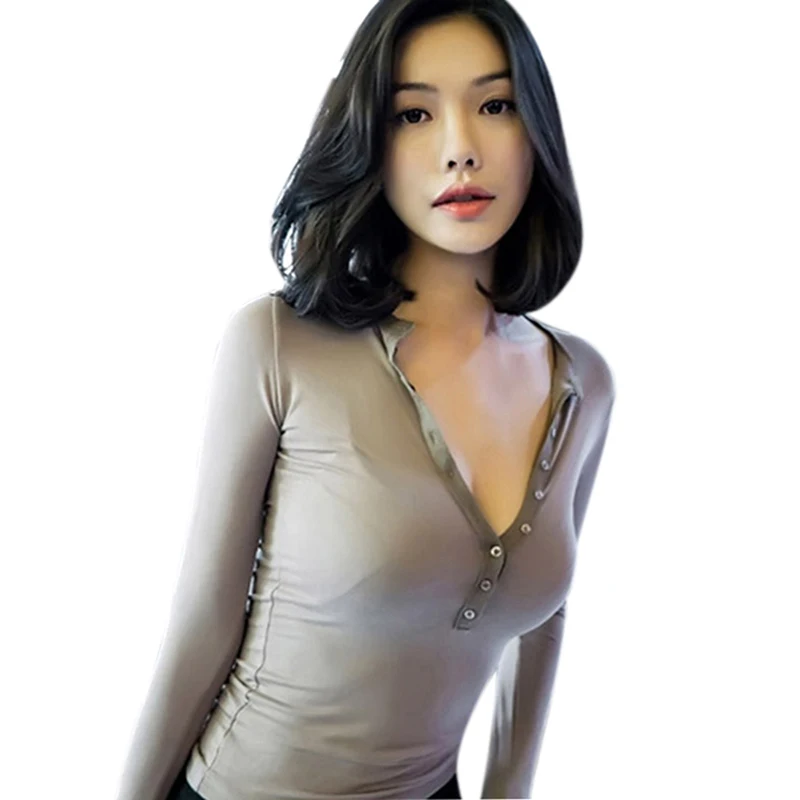 

White T Shirt Women 2019 Korean Style Women Tops Long Sleeve Button Slim Basic Ropa Mujer Chic Clothes Sexy Deep V Neck T Shirt