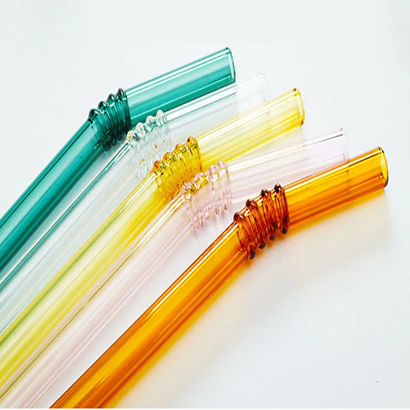 

Colorful Transparent Glass Straws Curved Reusable Tea Coffee Juice Drinking Straws With Storage Box Cleaning Cloth Brush
