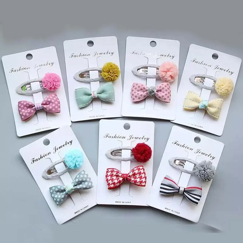 

MIXIU 2pcs/set Lovely Bow Dot Plaid Striped Hair Clip With Pompom BB Clip Hairpins Kids Girl Hair Accessories Handmade Barrettes