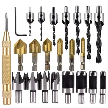 

8Pcs Wood Plug Cutter,6Pcs 1/4 Inch Hex 5 Flute 90 Degree Countersink Drill Bits,7Pcs Three Pointed Countersink Drill Bit With