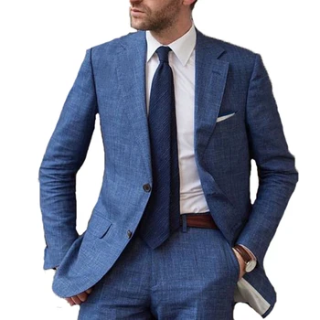 

New Arrival Designs Blue Beach Linen Men Suit Slim Fit 2 Piece Tuxedo Custom Blazer Groom Prom Suits Masculino Jacket+Pants