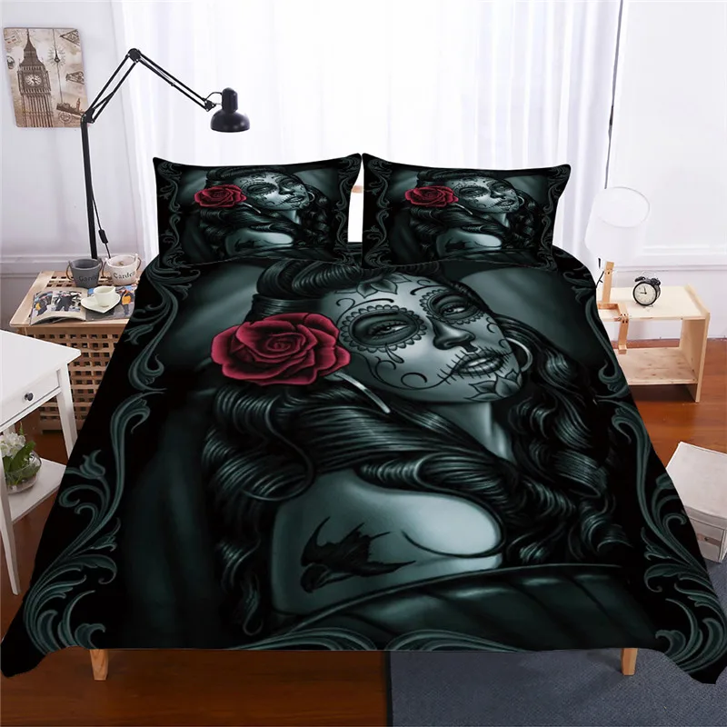 Набор постельного белья с изображением сахарного черепа, Королевский размер, красивый, для женщин, реактивная печать, 3D, большой размер, пододеяльник, наборы с наволочкой для двойной кровати - Цвет: KL55