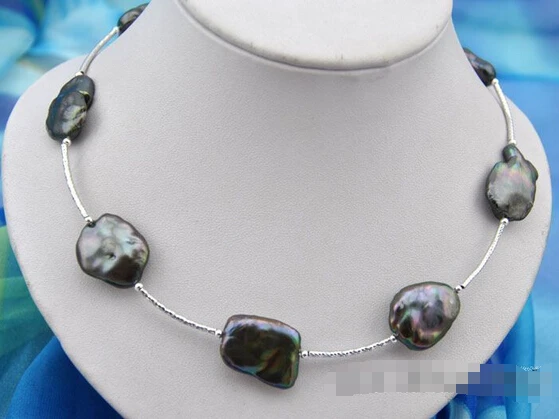 

HOT## Wholesale FREE SHIPPING 18" 23mm baroque black keshi reborn pearl 925Sterling Silver necklace