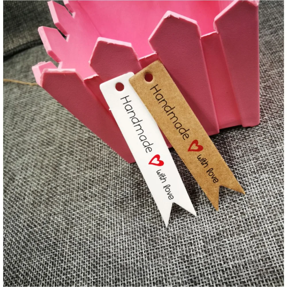 

7x1.5cm 100pcs kraft print paper hand made tag with love for DIY Gift box tag candy cupcake handmade favors name brand hang tag