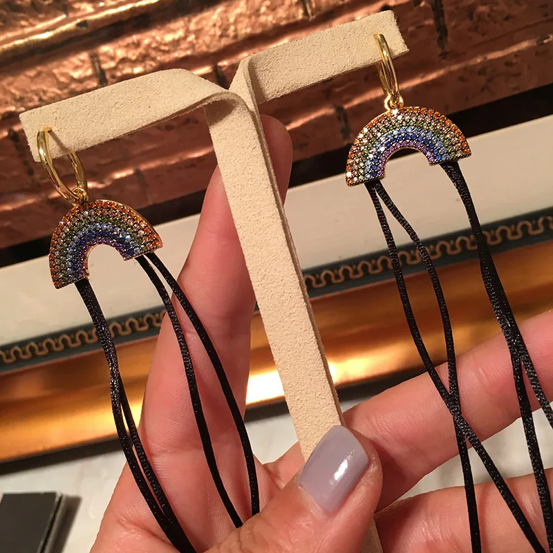 

UMGODLY Luxury Brand Long Tassel Rainbow Earrings Colorful Cubic Zirconia Women Fashion Jewelry New Arrival Hot Sale