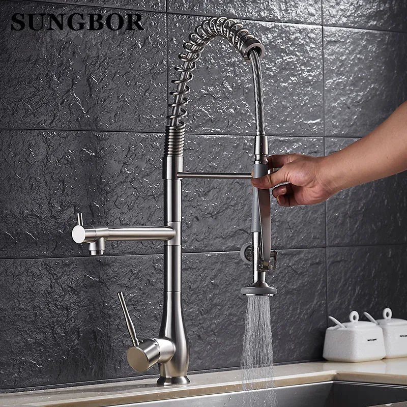 Chrome Spring Pull Down Kitchen Faucet Dual Spouts 360 Swivel Handheld Shower Kitchen Mixer Crane Hot