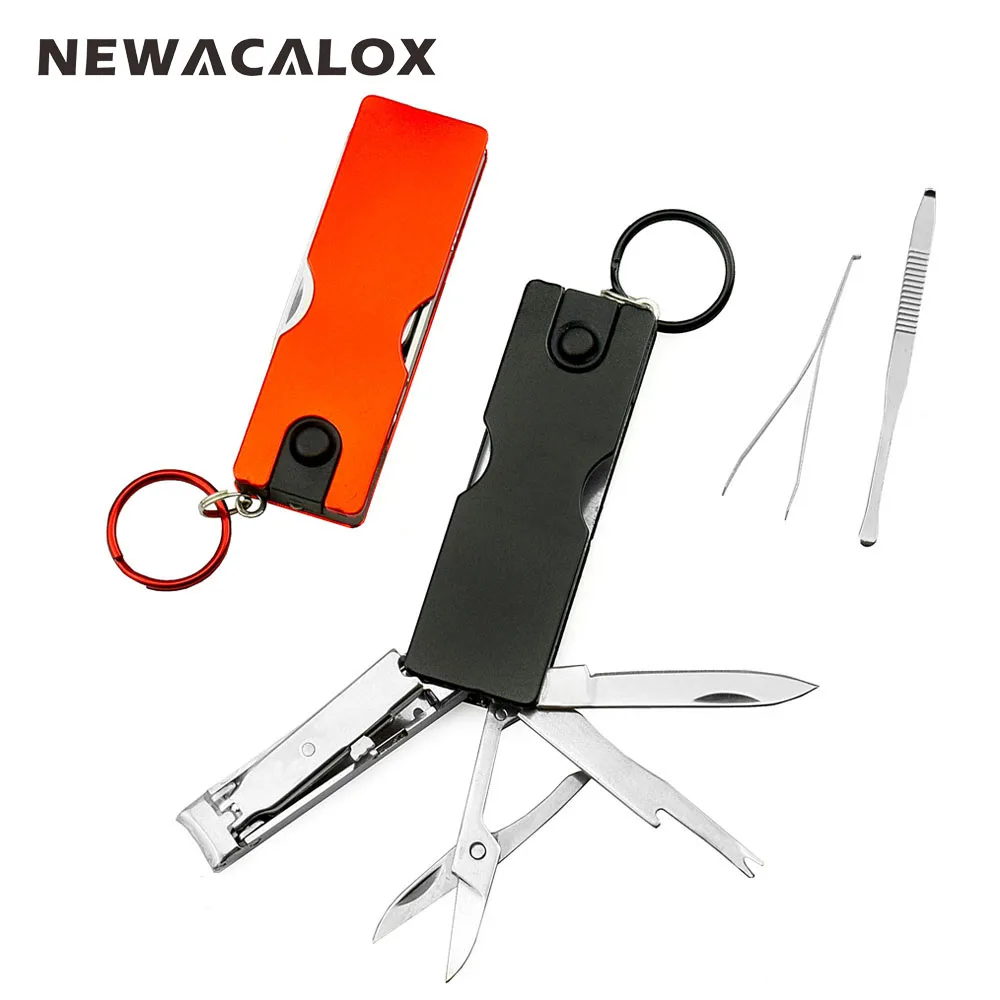 

NEWACALOX Mini Fashion Keychain Swiss Knife LED Ear Cleaner Nail Clippers Pocket Ring earpick Portable Fold Multi Functional Key