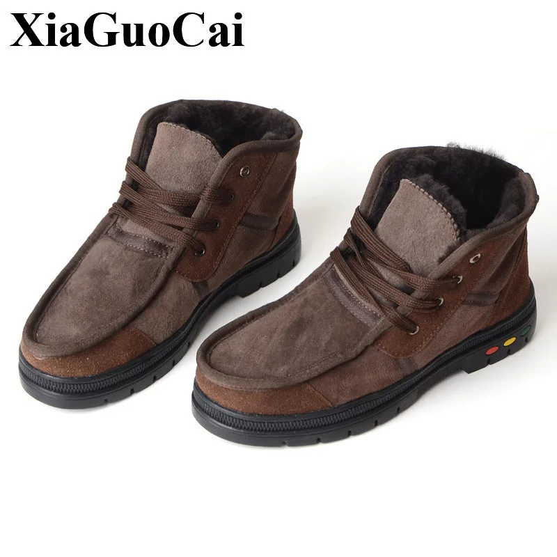 

Genuine Leather Shoes Men Snow Boots with Fur Warm Fleeces Lace-up Ankle Boots Comfortable Round Toe Flat Casual Shoes Anti-skid