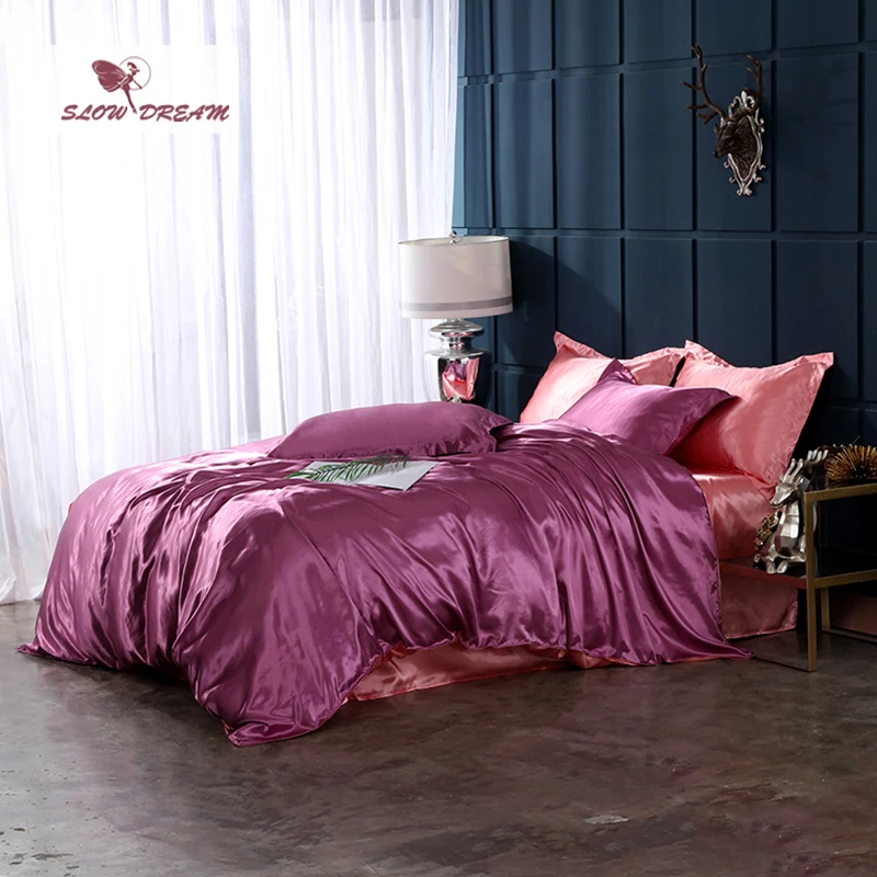 

SlowDream Luxury Bed Linens Euro Bedspread Double Queen Size Family Bedclothes Decor Home Bedding Set Pure Satin Silk Adult Bed