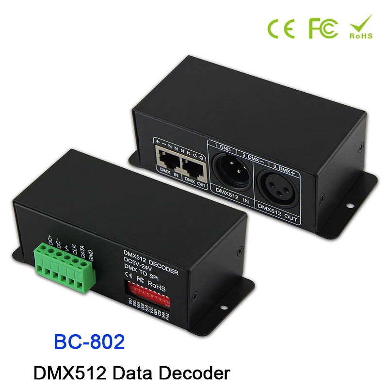 

BC-802 DC5V-DC24V led DMX512 to SPI(TTL) convertor decoder;Output signal 6803/1809/8806/9813/3001/2801 DMX512 Data Decoder