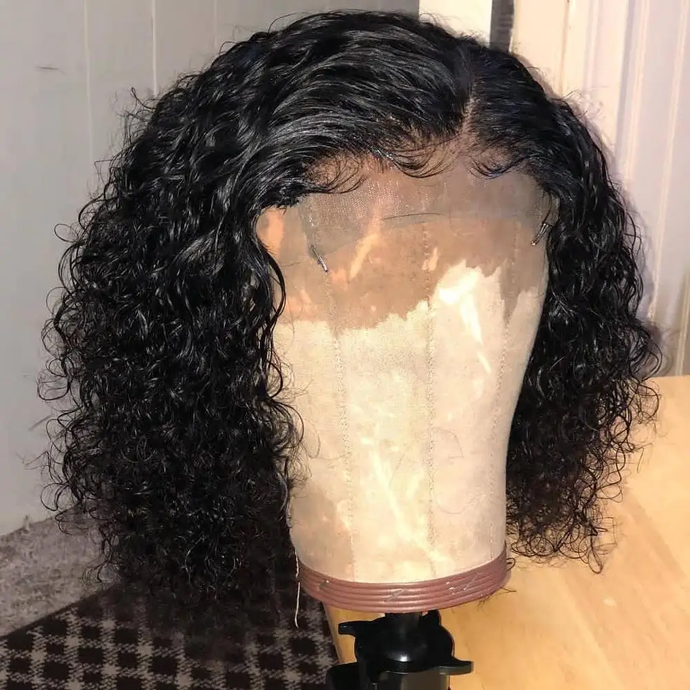 Online Peluca de cabello humano rizado de corte profundo mojado y ondulado 13*6 pelucas de cabello humano frontal de encaje Peluca de Bob corto pelo Remy brasileño Pre desplumado