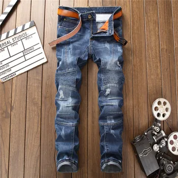 

New Fashion Brand men ripped jeans silm fit biker pleated solid male blue denim trousers designer plus size distressed