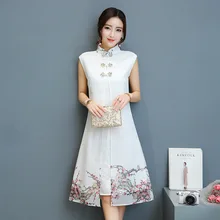 Шифоновое платье в китайском стиле с цветочным принтом сливы, женское платье-двойка, воротник-стойка, Cheongsam Robe Vestido, винтажные платья