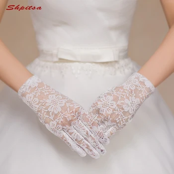 

White or Ivory or Black Short Wedding Gloves for Bride Woman Sheer Lace Bridal Gloves