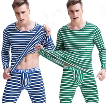 Утолщенные кальсоны набор мужские термобелье Полосатое горячее зимнее нижнее белье мужские топы с длинными рукавами штаны набор