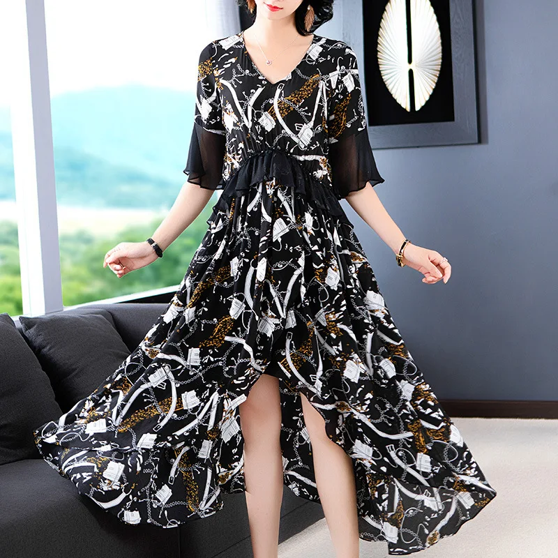 

Dress Summer Woman 2019 New V-Neck Half Sleeves Abstract Printed Waist With Ruffles Elegant Irregular Dress Plus SIze M-3XL