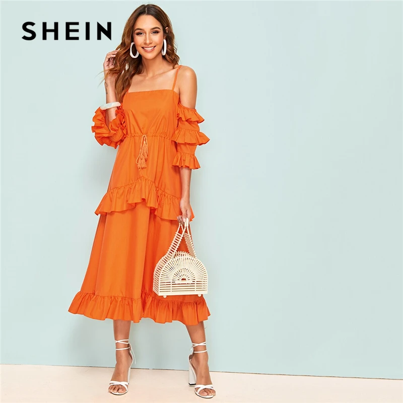 

SHEIN Neon Orange Layered Sleeve Tie Front Ruffle Hem Summer Long Dress Women Solid Spaghetti Strap Elegant Boho Dresses