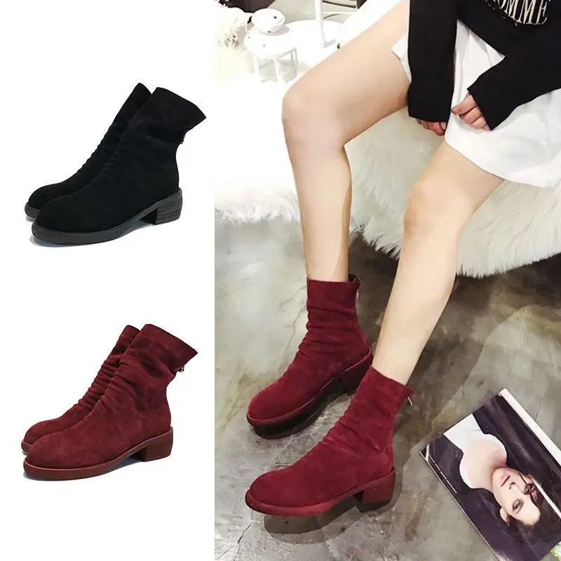 

winter new matte leather women's boots plus velvet thickening boots pleated zipper simple British High-end custom women's boots