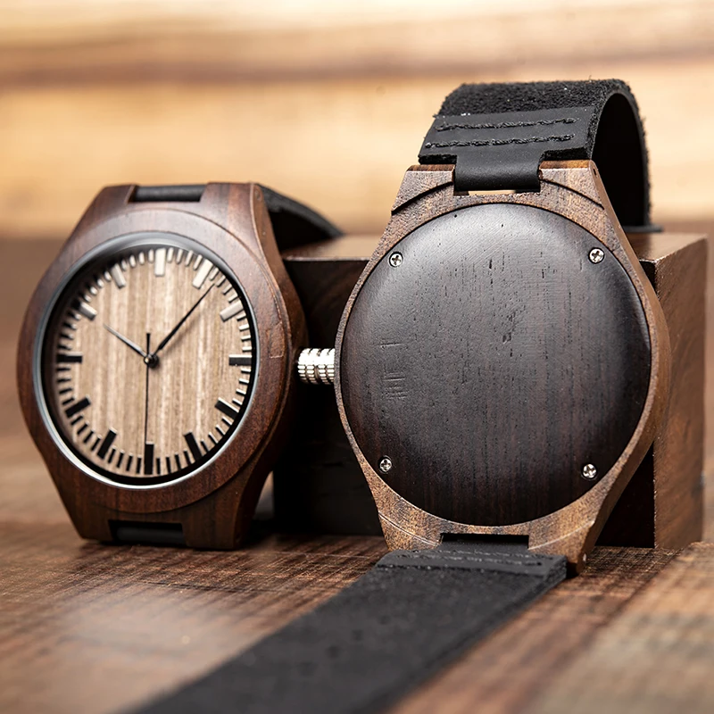 2019 Top Brand BOBO BIRD Luxury Men Watch relogio masculino Black Wood Watches Quartz Wristwatch Soft Leather Band C-F08