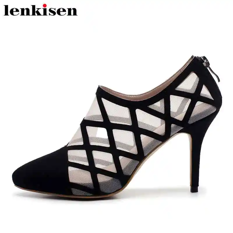 

Lenkisen beauty lady sheep leather air mesh pointed toe zipper high heel solid gladiator style shopping women summer pumps L80