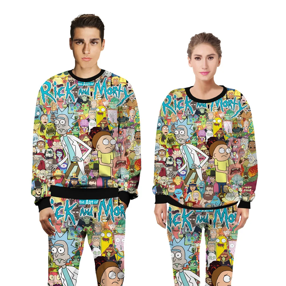 Осенне-зимний мужской и женский комплект с 3D толстовкой с принтом из мультфильма Рик и Морти, толстовки с капюшоном+ штаны, спортивный костюм из 2 предметов, комплекты брендовой одежды