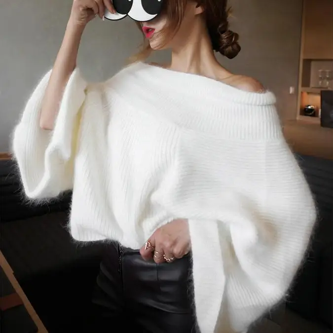 Осень зима женский модный свитер с вырезом лодочкой с открытыми плечами расклешенный рукав женский свитер, пуловер мягкий трикотаж - Цвет: 9892 White