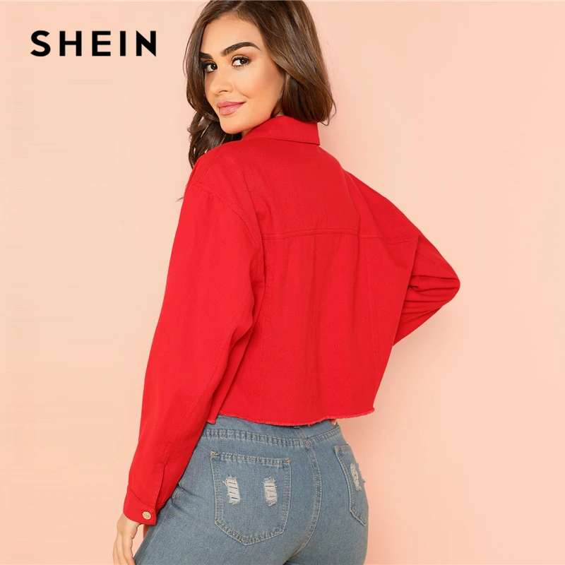 SHEIN Красная Укороченная Куртка На Пуговицах, Плотная Укороченная Рубашка, Демисезонная Куртка