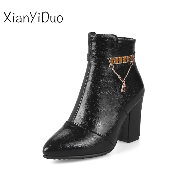 

Xianyiduo Spring/Autumn Women's Shoes ankle Boots Metal Decoration red Pointed Short Plush high Heels big size 34-48 /627
