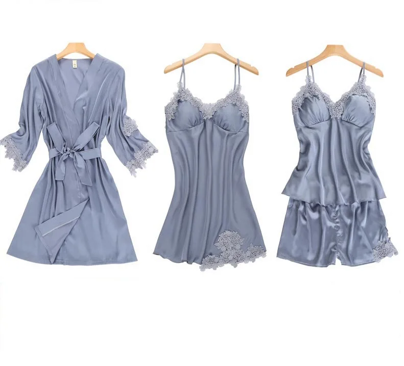 

Ladies Summer Ice Sleepwear Suspender Short Pants Brassiere Sexy night gown Four-piece Women Sexy Pyjamas Home Suit Pijama Mujer