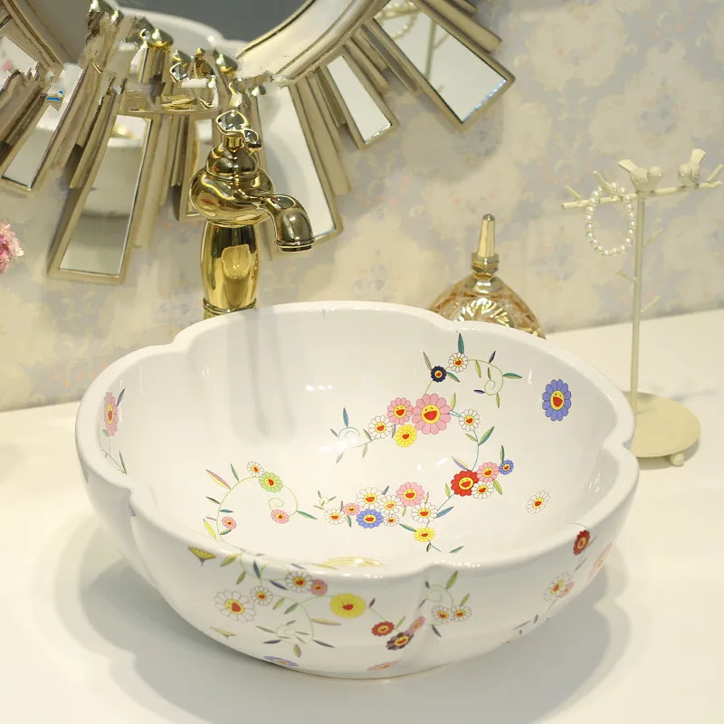 Porcelain Bathroom Counter Top Wash Basin Cloakroom Hand Painted Vessel