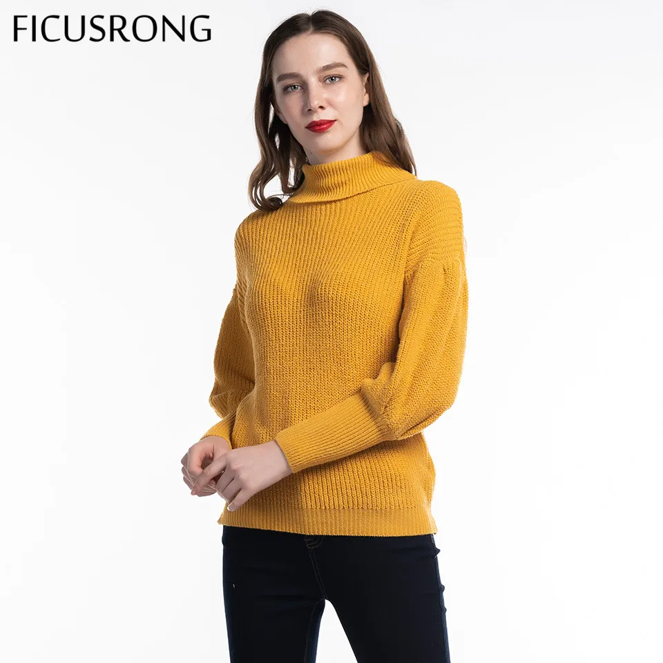 

FICUSRONG 2019 New Women Fashion 4 Colors Loose Sweater Lantern Sleeve Turtleneck Pullovers Spring Autumn Solid Tops Sweater