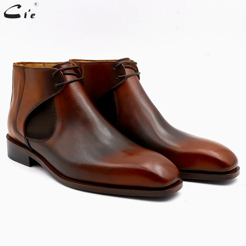 Cie/простые ботинки из телячьей кожи с квадратным носком; коричневый с оттенком патины; кожаные ботинки челси ручной работы на шнуровке; мужские ботинки на заказ; scarpeA05