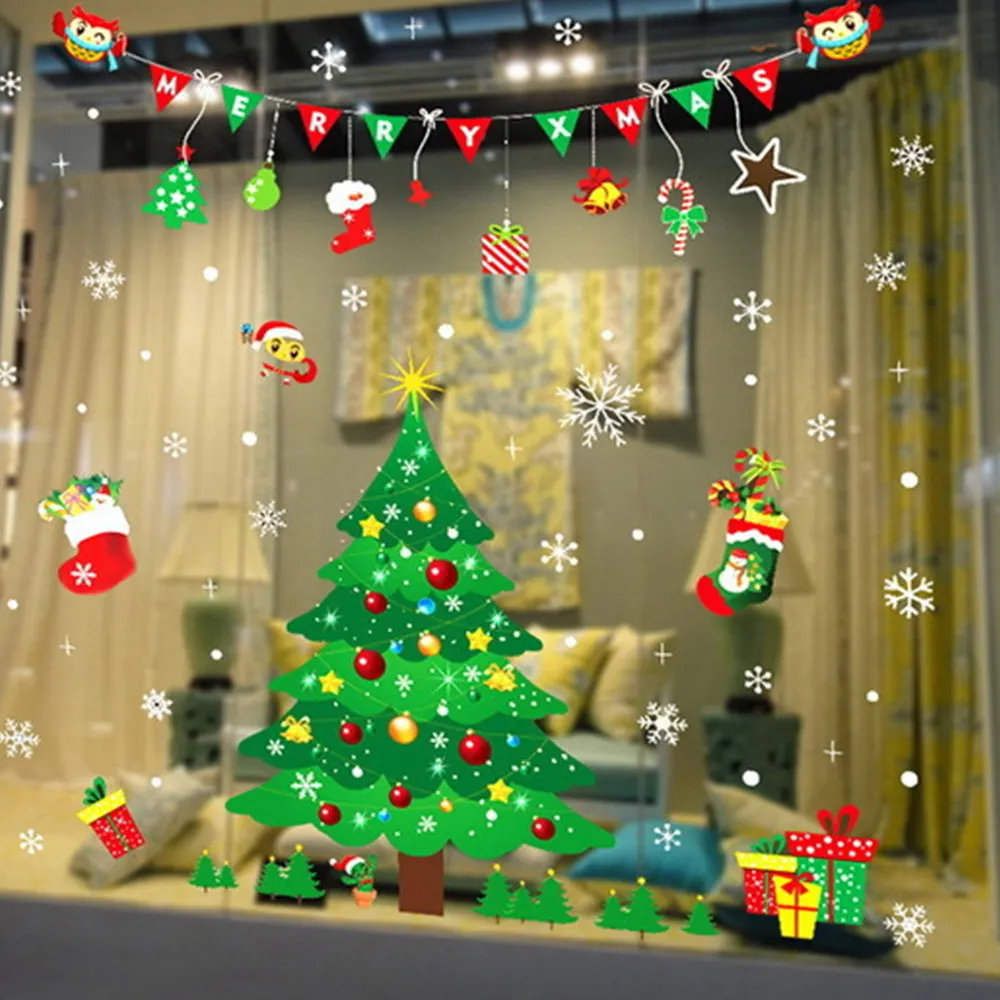 Рождественские, оконные, на стекло, ПВХ, электростатические наклейки на год, сделай сам, снежный город, настенные Стикеры, s пленка, наклейка для дома, праздничные декорации
