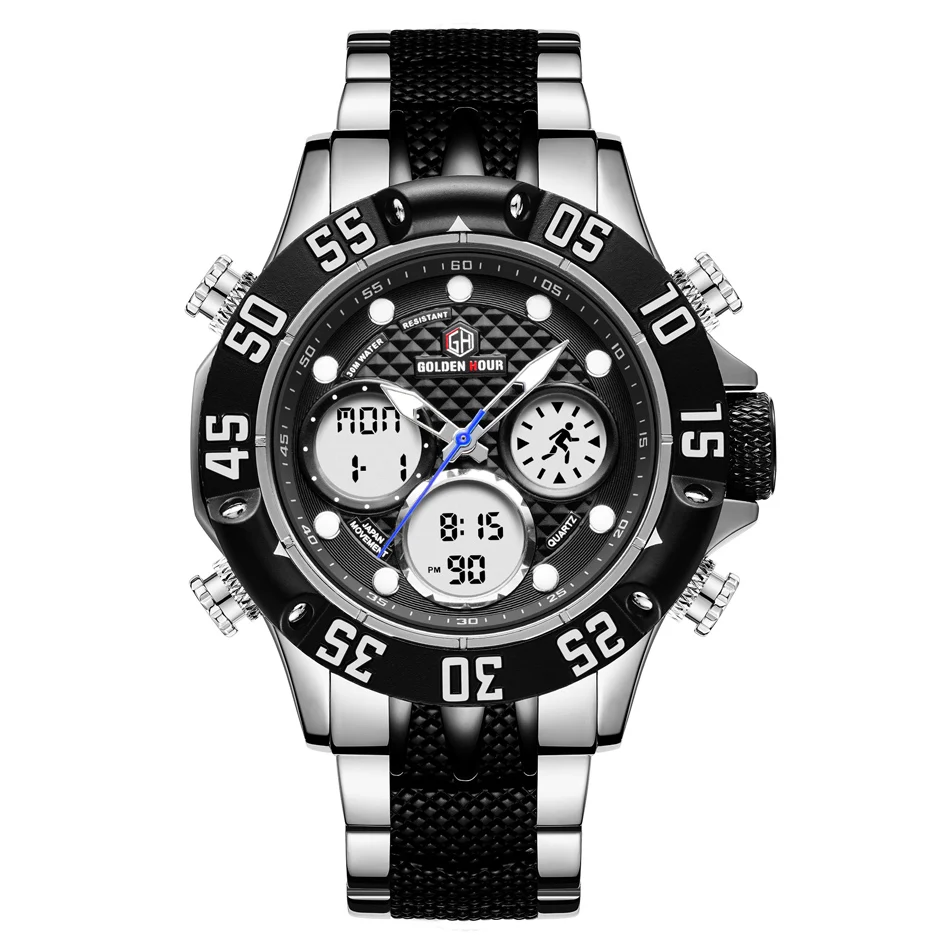 GOLDENHOUR Männer Militär Sport Uhr Männer LED Analog Digital Uhr Armee Edelstahl Quarz geschenk_voghion.com