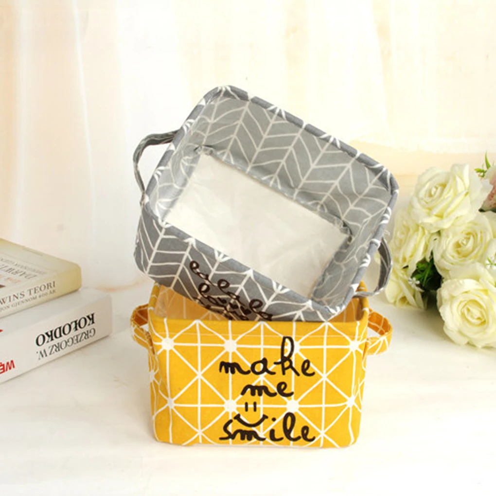 

Love Smile Square Cotton Linen Desk Storage Box & Bins Jewelry Cosmetic Stationery Organizer Case 2 Color