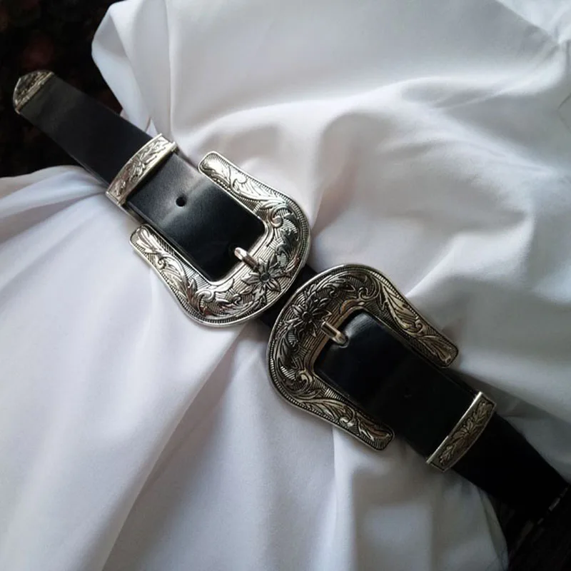 Фантастические двойные пряжки дизайнерские ремни для женщин Западный черный кожаный ремень для платья Леди ceinture femme ремень