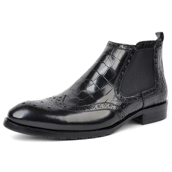 

New Genuine Leather Formal Dress Man Chelsea Ankle Boots Pointed Toe Handmade Alligator Pattern Men's Riding Brogue Shoes AM209