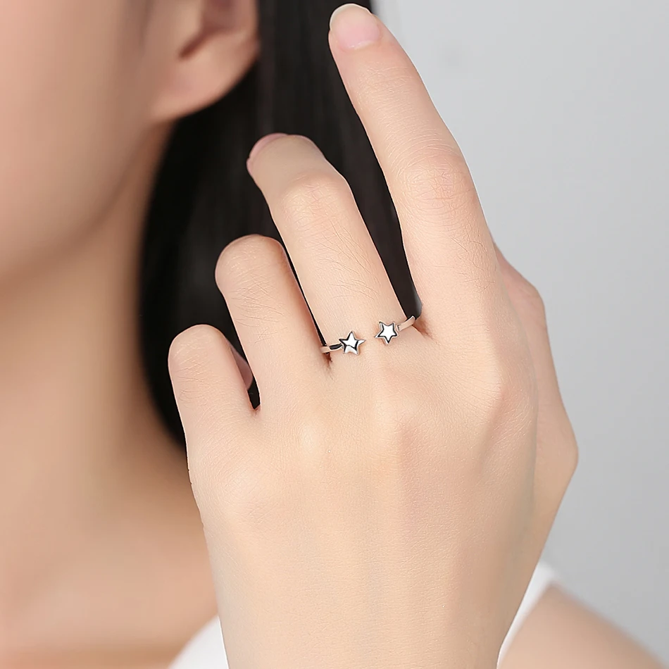 ELESHE 100% 925 Sterling Silver Finger Rings For Women Double Star Design Vintage Silver Jewelry Open Ring For Lover Best Gifts
