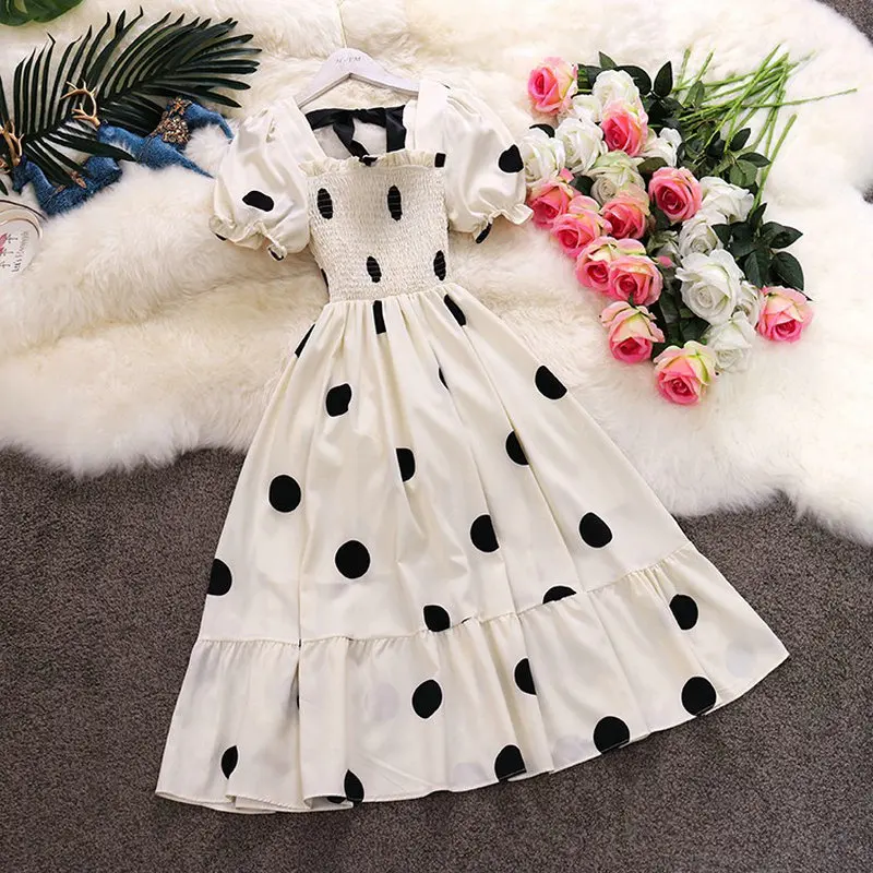

HISUMA summer new women's dot square collar puff sleeve waist slim beach dress female elegant lace up ruffles chiffon dresses