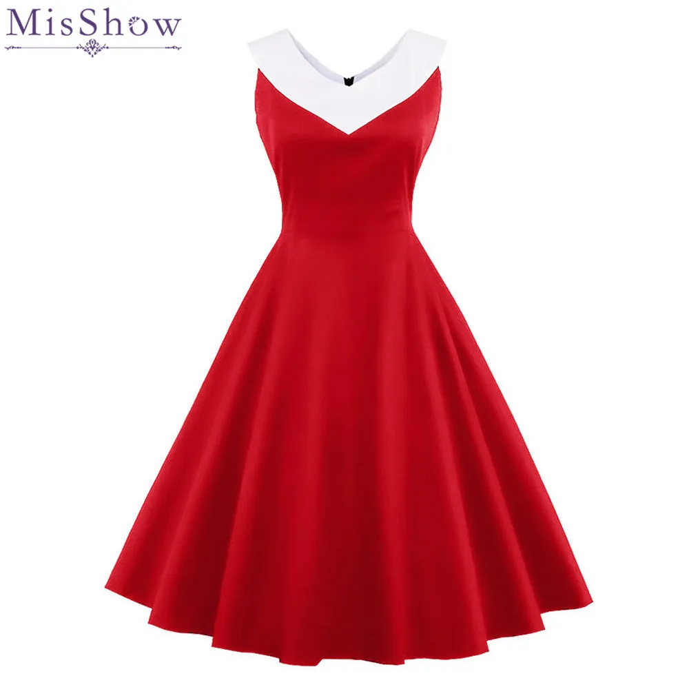 

Women's Vintage Dress Pattern Print 2019 New Summer 60s Red Sleeveless Vintage Dress Swing Party Retro Dress Vestidos Bow