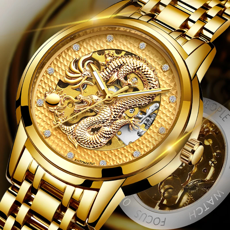 

Relojes Hombre Dragon Skeleton luxury automatic mechanical men's watch all stainless steel gold clock waterproof men's watch+Box